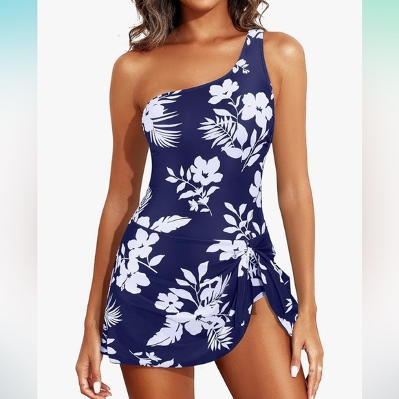 NWT Navy Blue and White Floral One Piece Swimsuit Dress XXL Tummy Control - Picture 1 of 10